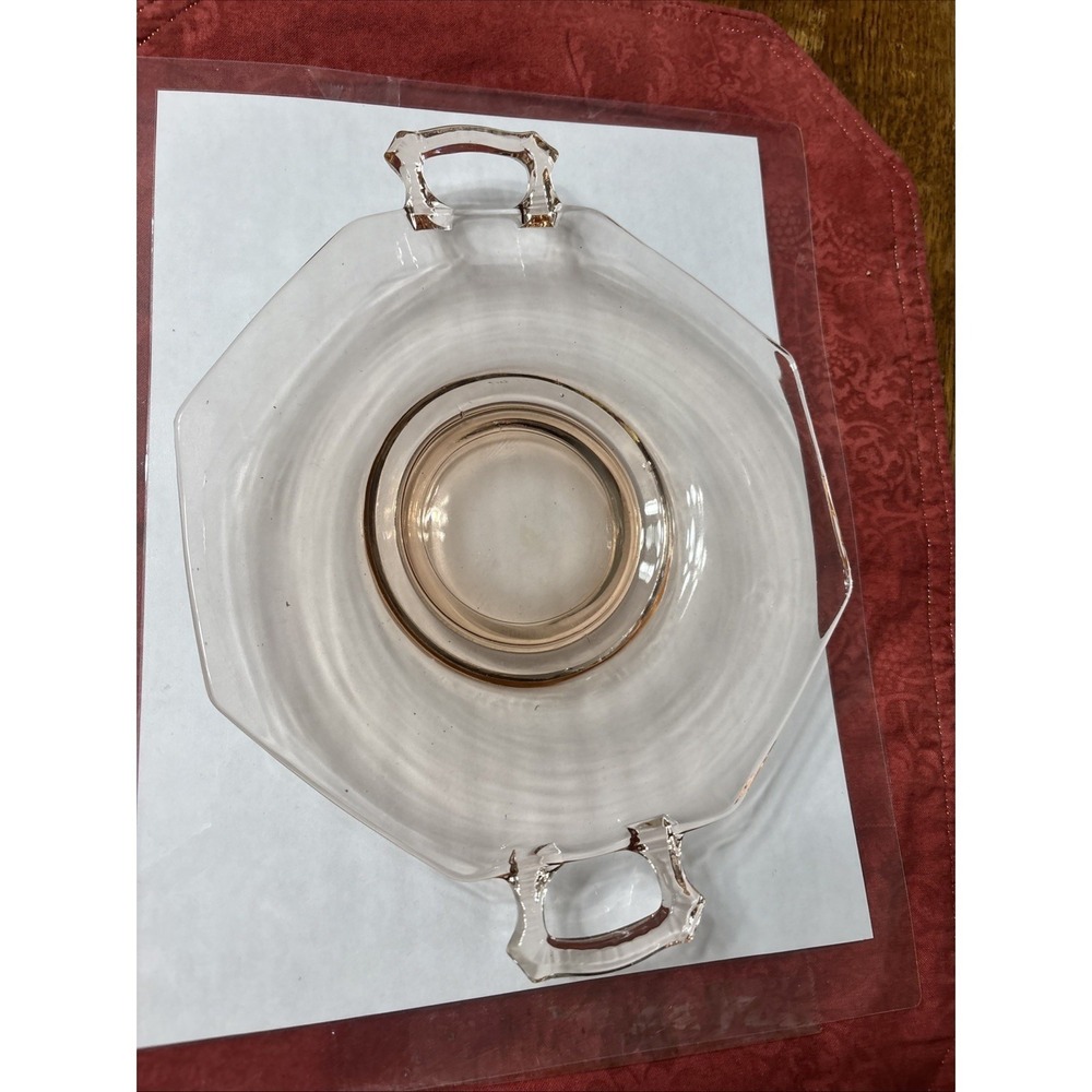 Vintage PINK‎ DEPRESSION GLASS Octagonal Tidbit Tray Platter with handles